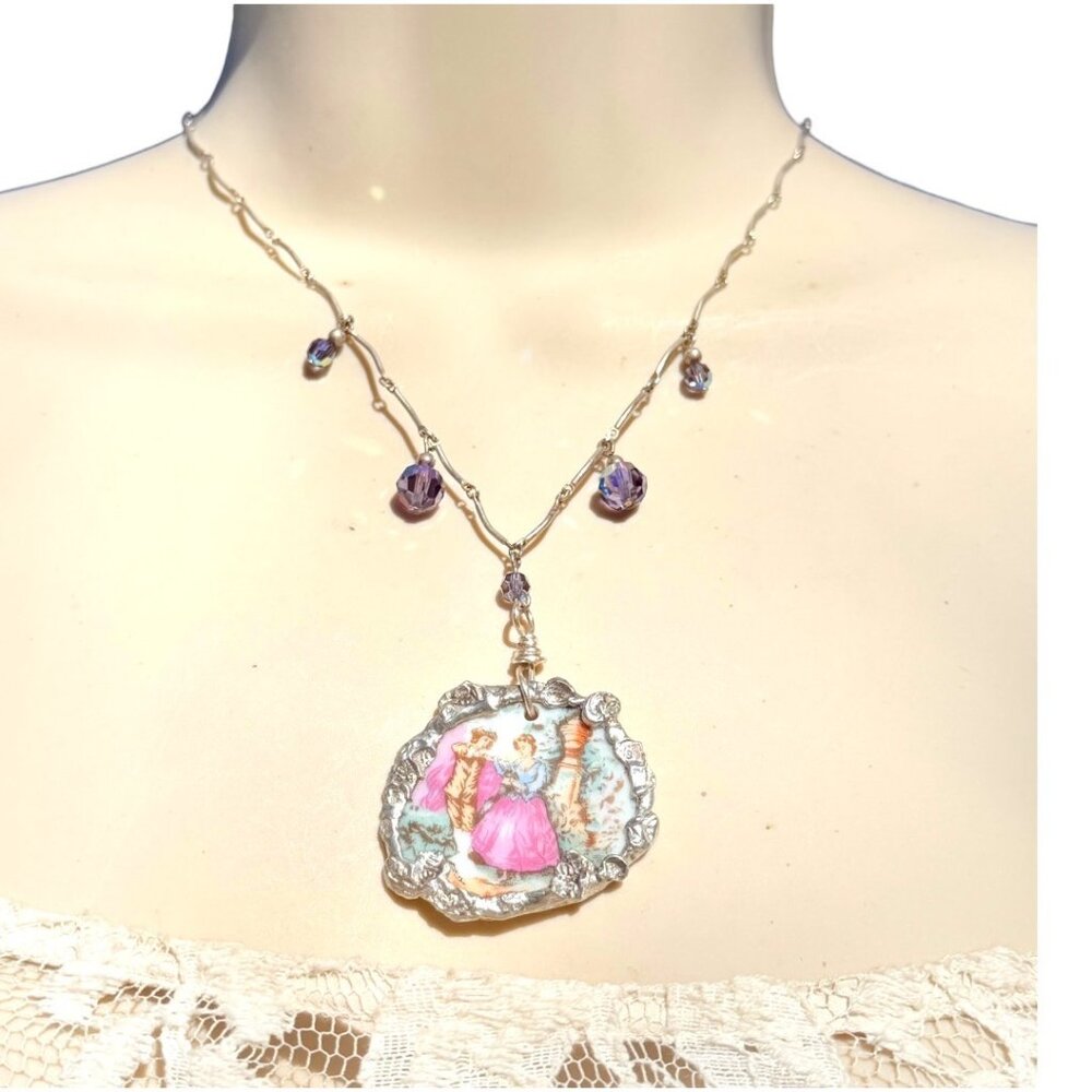 Broken China Hand-Painted Porcelain Fragonard Cameo w/ Sterling Silver Necklace - Picture 3 of 10